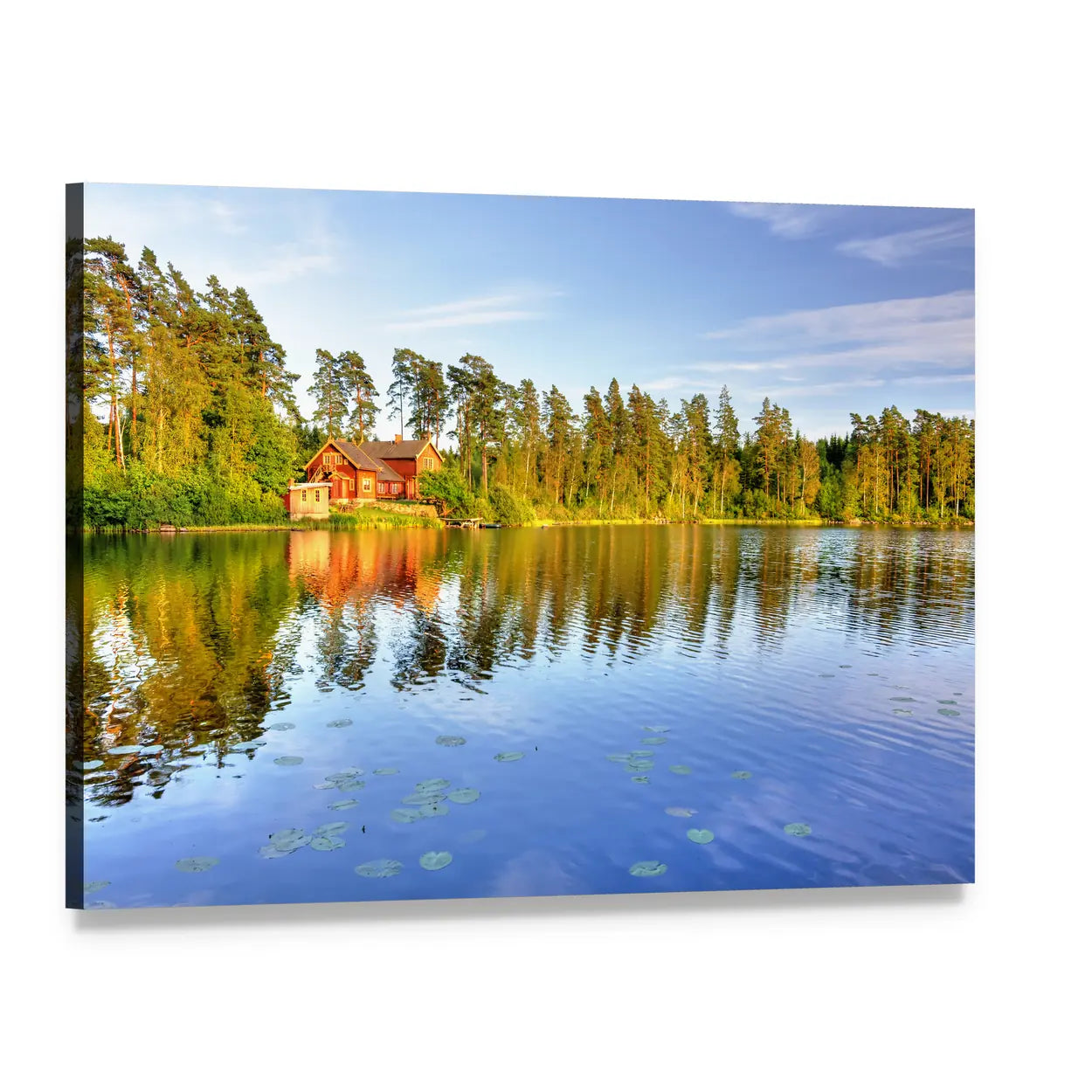 Red Cabin and Lake Reflection Canvas Wall Art, single panel gallery wrapped canvas, angled product view