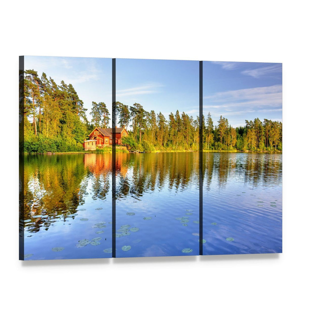 Red Cabin by the Lake Canvas Wall Art, 3 panel 3 Horizontal layout gallery wrapped canvas set, angled product view
