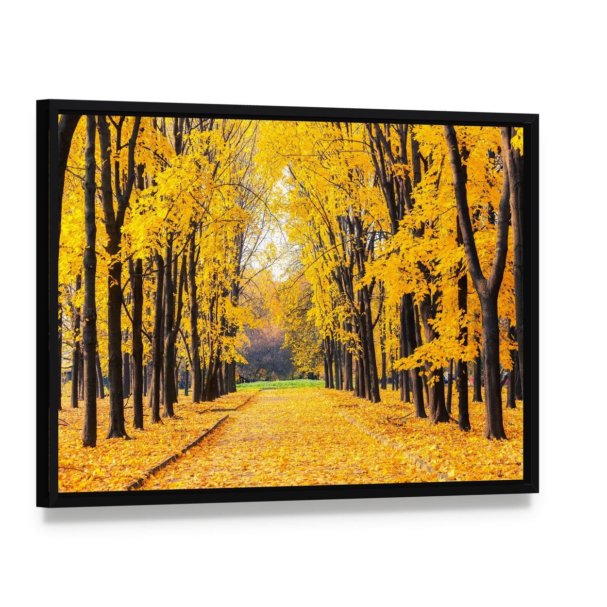 Autumn Path Through Trees Canvas Wall Art, framed canvas in a black floater frame, angled product view