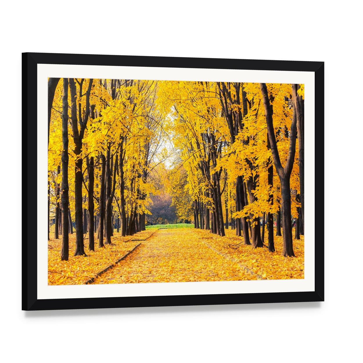 Autumn Path Through Trees Canvas Wall Art, framed print with white mat and black frame, angled product view