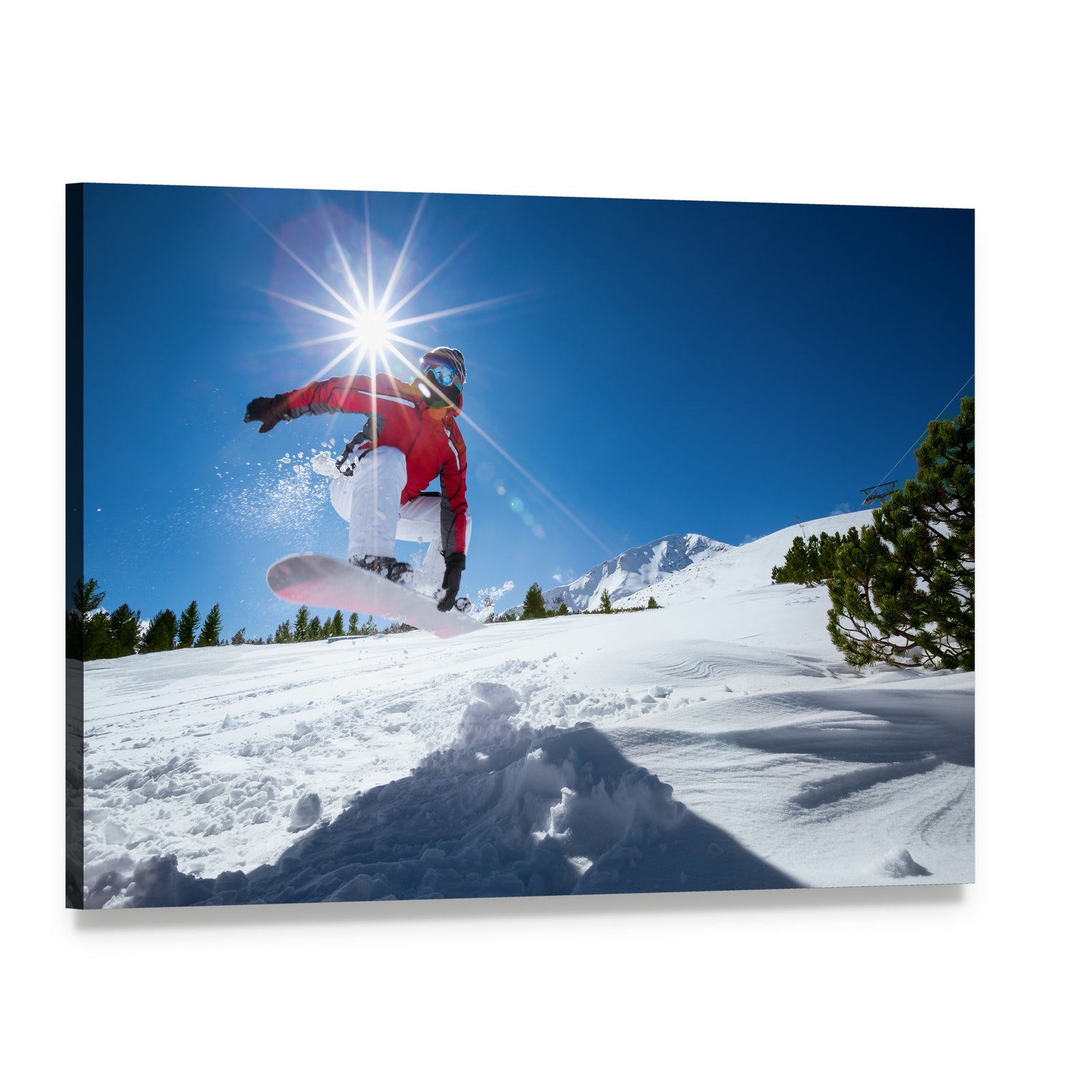 Snowboarder Taking a Jump in Fresh Snow Canvas Wall Art, single panel gallery wrapped canvas, angled product view