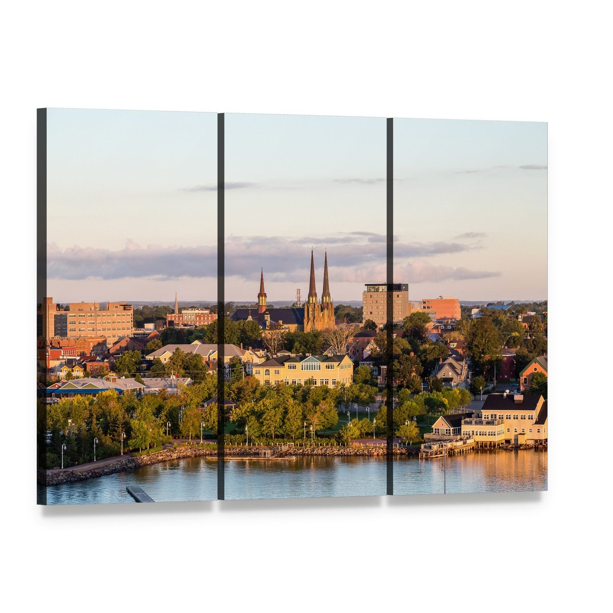Charlotte Town Waterfront View Canvas Wall Art, 3 panel 3 Horizontal layout gallery wrapped canvas set, angled product view