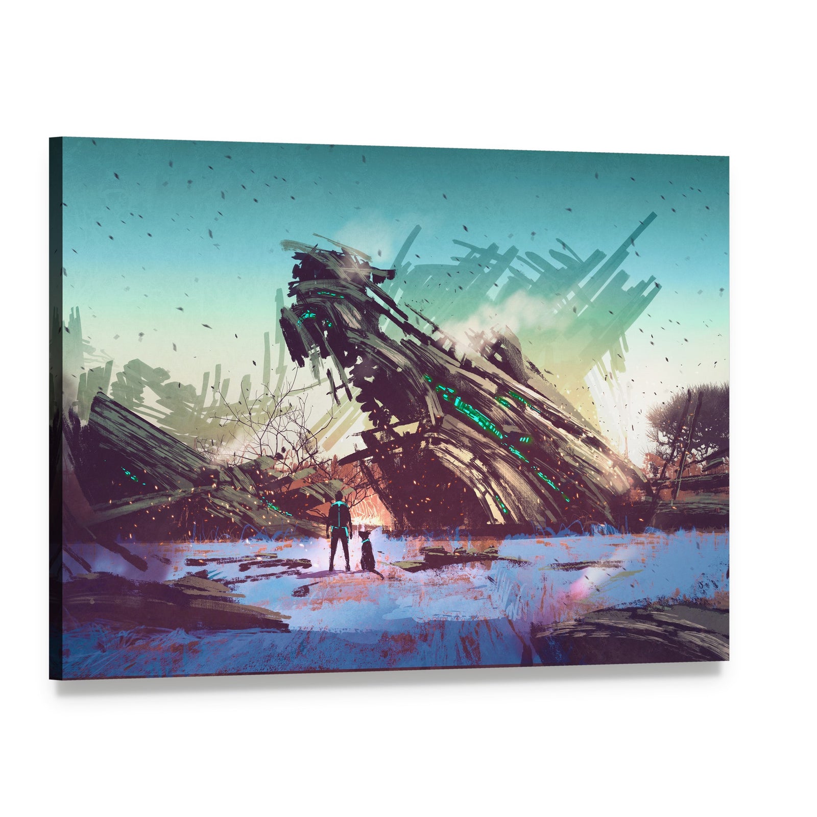 Crashed Spaceship in Ruined Landscape Canvas Wall Art, single panel gallery wrapped canvas, angled product view