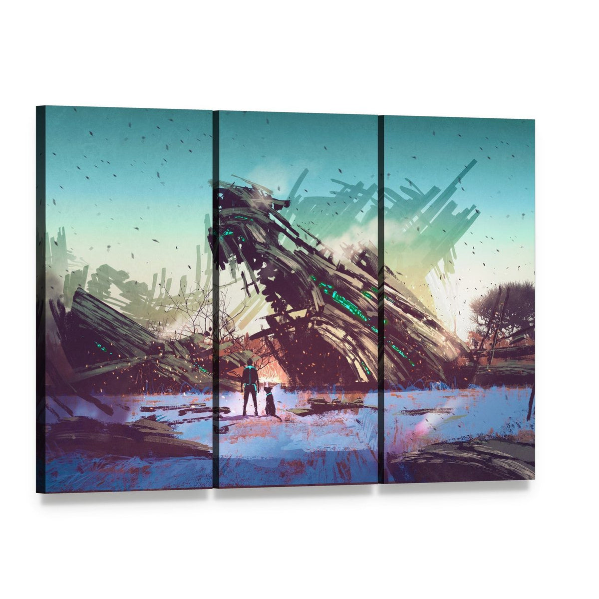 Crashed Spaceship in Ruined Landscape Canvas Wall Art, 3 panel 3 Horizontal layout gallery wrapped canvas set, angled product view