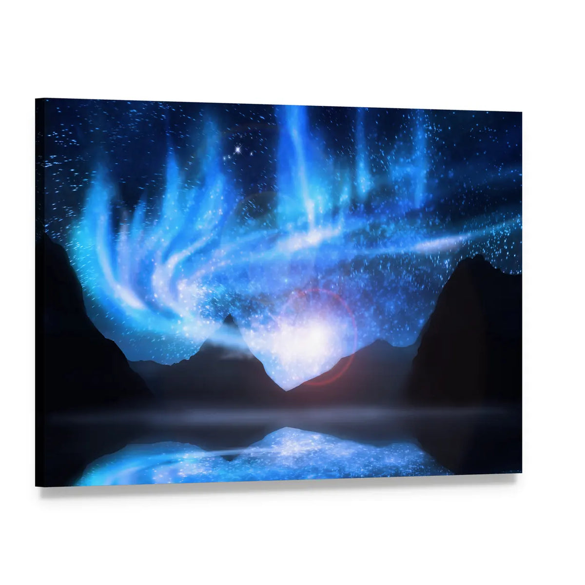 Blue Northern Lights Over Mountains Canvas Wall Art, single panel gallery wrapped canvas, angled product view