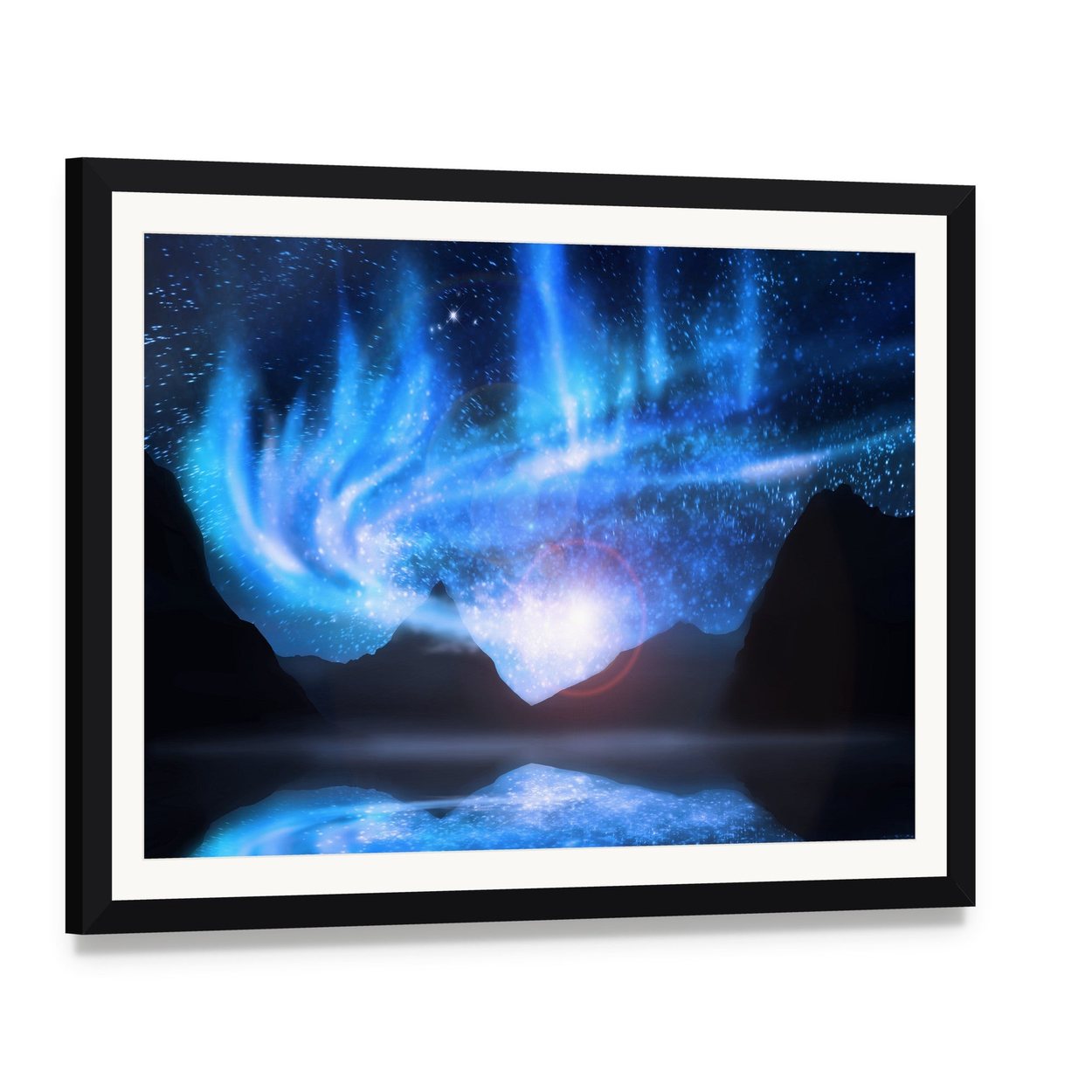 Blue Northern Lights Canvas Wall Art, framed print with white mat and black frame, angled product view