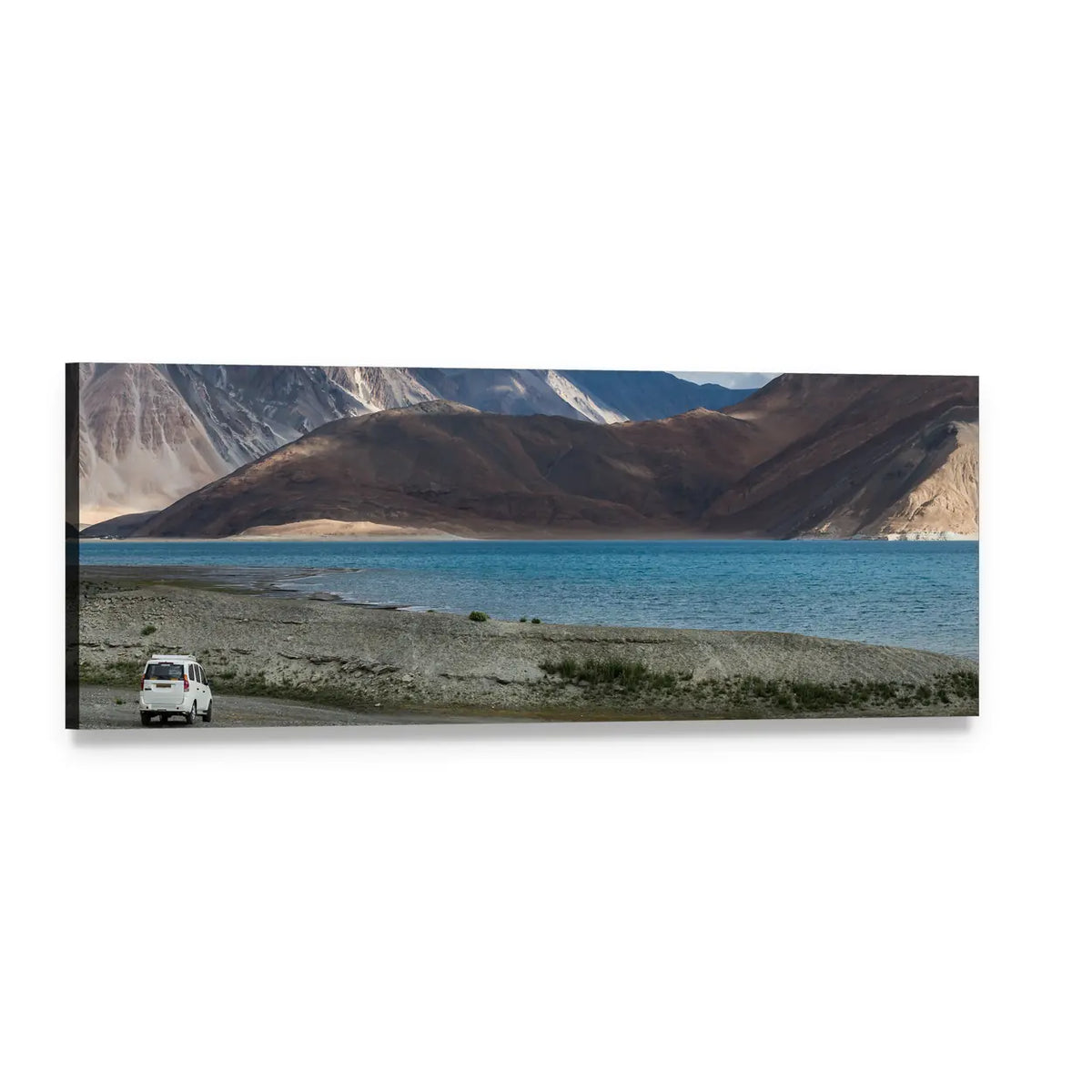 Pangong Lake Turquoise Shoreline Panoramic Canvas Wall Art, single panel gallery wrapped canvas, angled product view