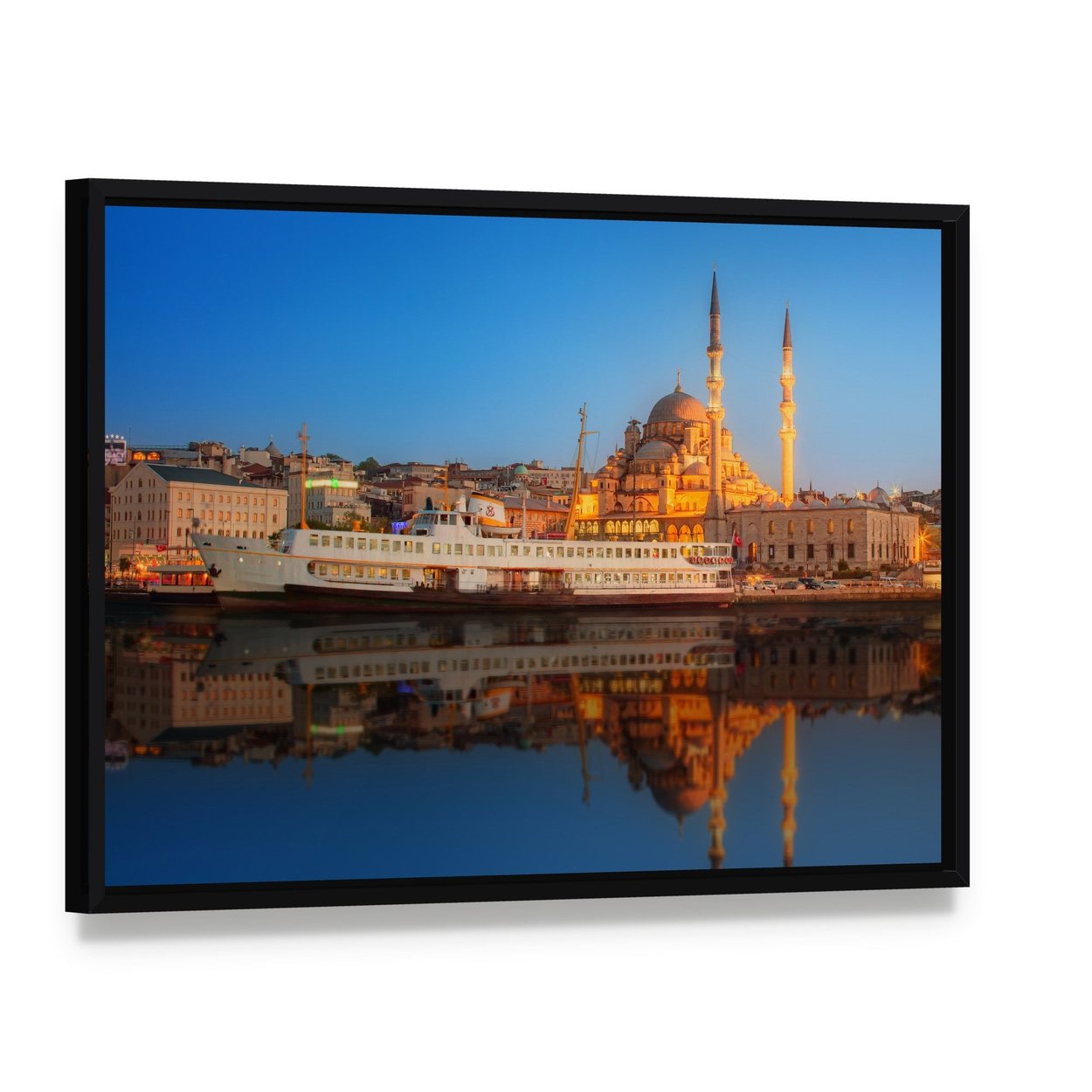 Sunset from Galata Bridge Istanbul Turkey Canvas Wall Art, framed canvas in a black floater frame, angled product view