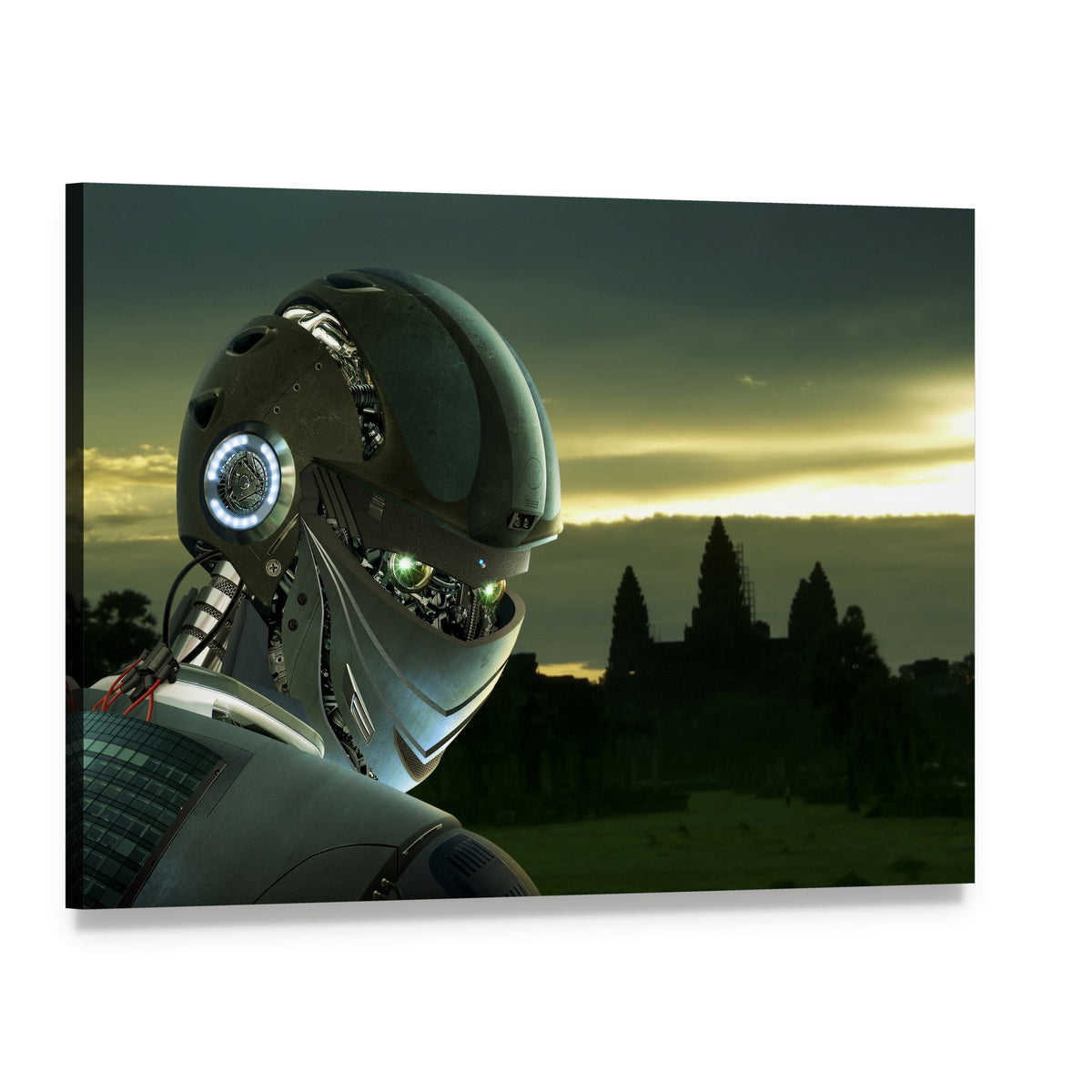 Dusk Robot Profile with Glowing Green Eyes Canvas Wall Art, single panel gallery wrapped canvas, angled product view