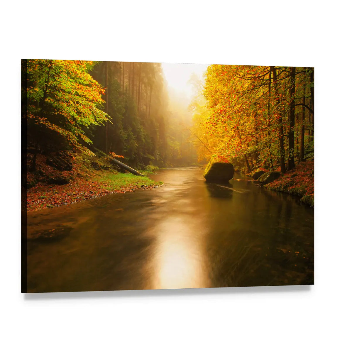 Sunset Above Mountain River Canvas Wall Art, single panel gallery wrapped canvas, angled product view