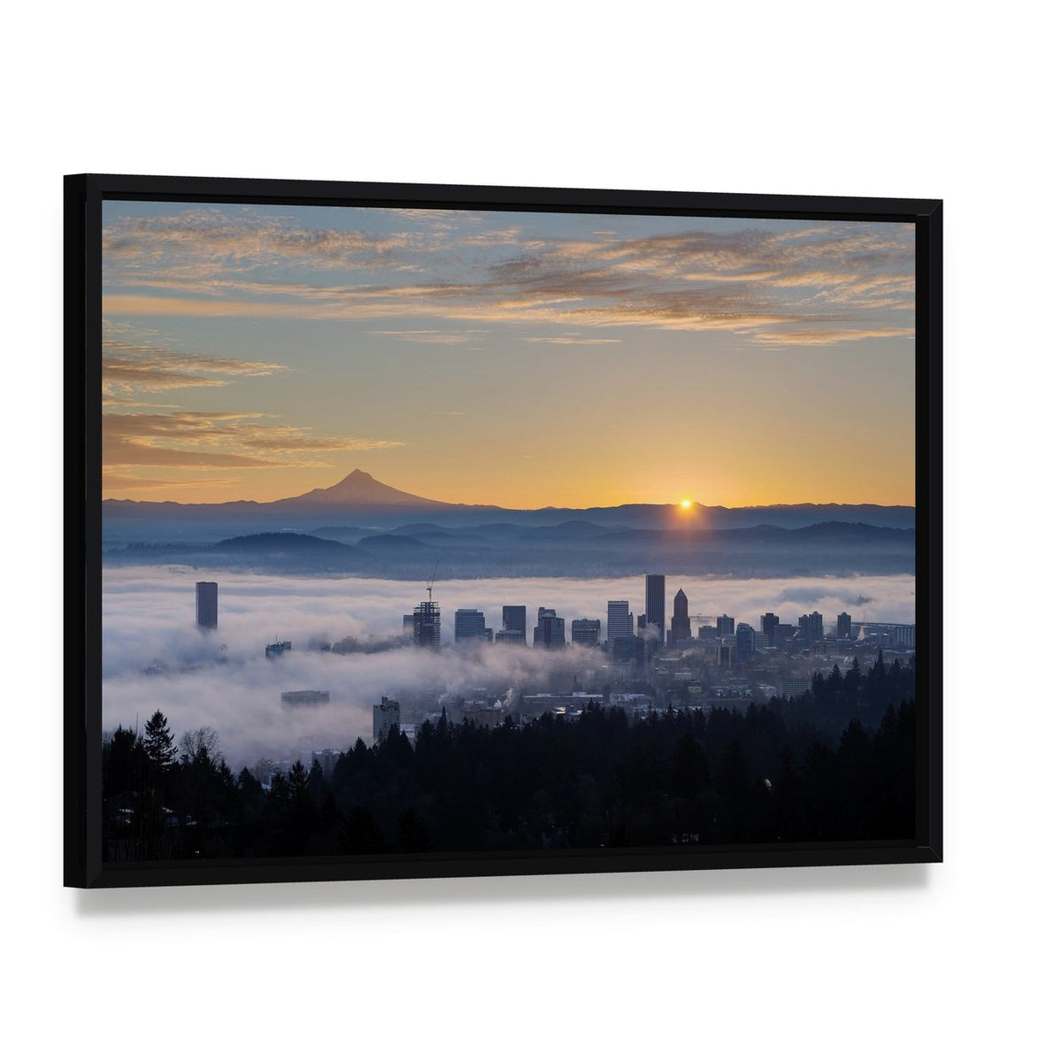 Sunrise Over Portland Skyline with Mount Hood Canvas Wall Art, framed canvas in a black floater frame, angled product view