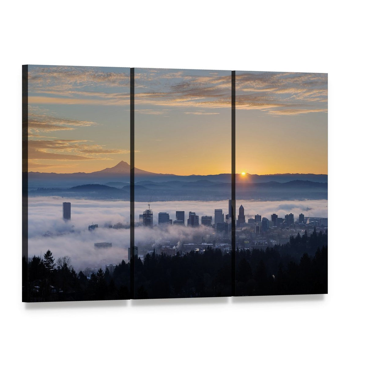 Sunrise Over Portland Skyline with Mount Hood Canvas Wall Art, 3 panel 3 Horizontal layout gallery wrapped canvas set, angled product view