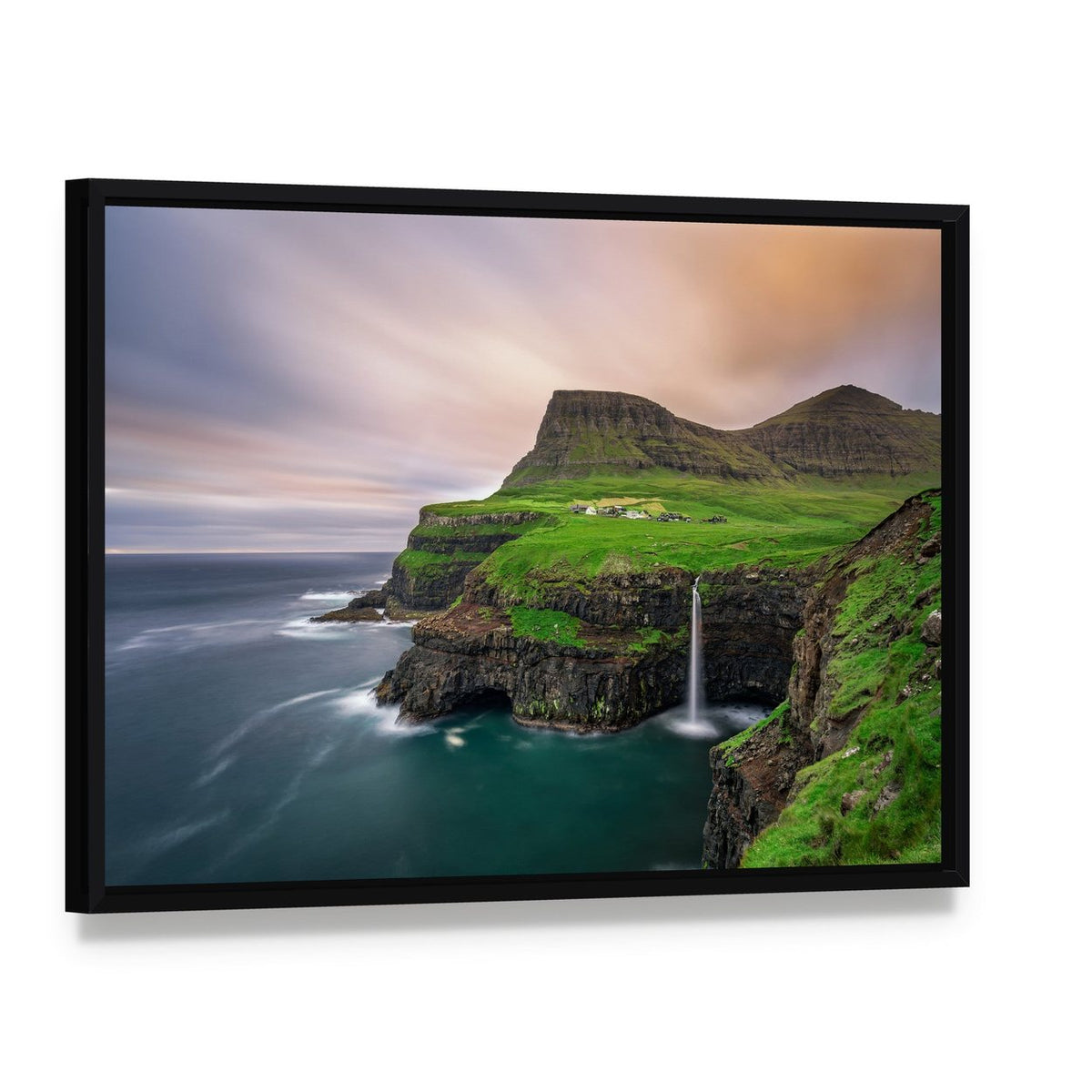 Gasadalur Village Waterfall Canvas Wall Art, framed canvas in a black floater frame, angled product view