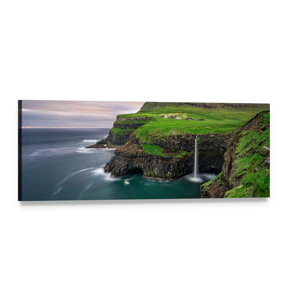 Gasadalur Village Waterfall Panoramic Canvas Wall Art, single panel gallery wrapped canvas, angled product view