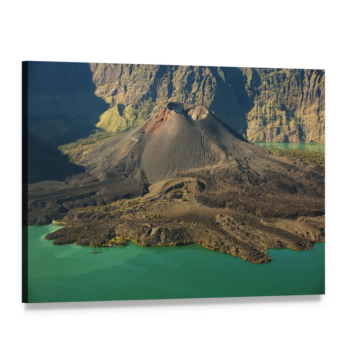 Emerald Caldera Lake and Cinder Cone Canvas Wall Art, single panel gallery wrapped canvas, angled product view