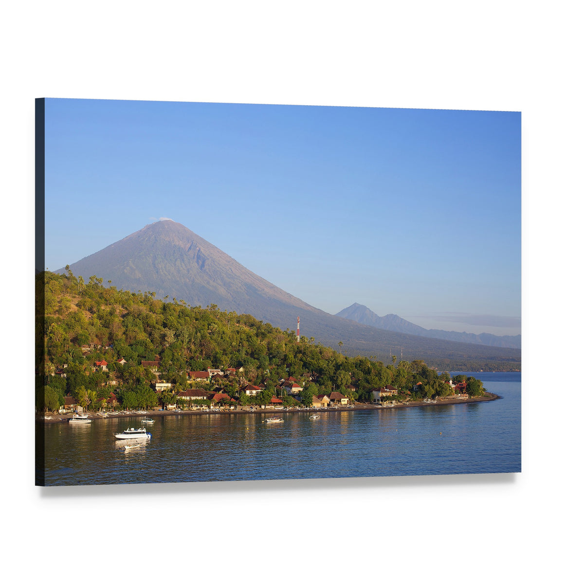 Coastal Village with Boats and Distant Mountains Canvas Wall Art, single panel gallery wrapped canvas, angled product view