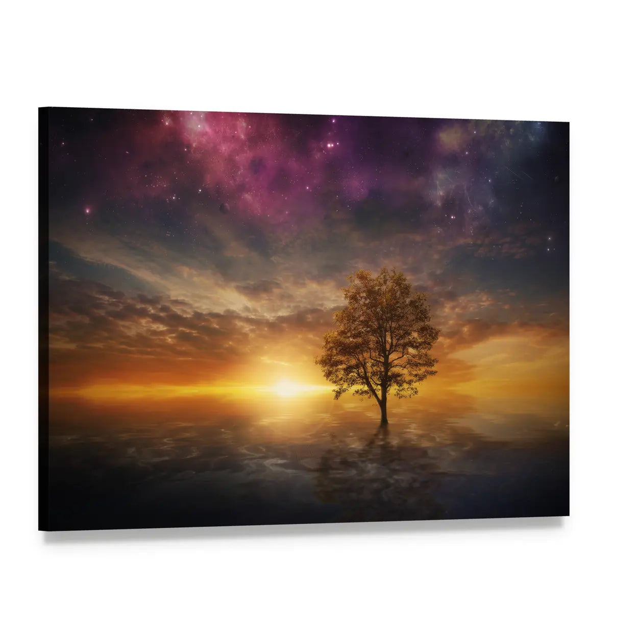 Surreal Tree Over Lake at Sunset Canvas Wall Art, single panel gallery wrapped canvas, angled product view