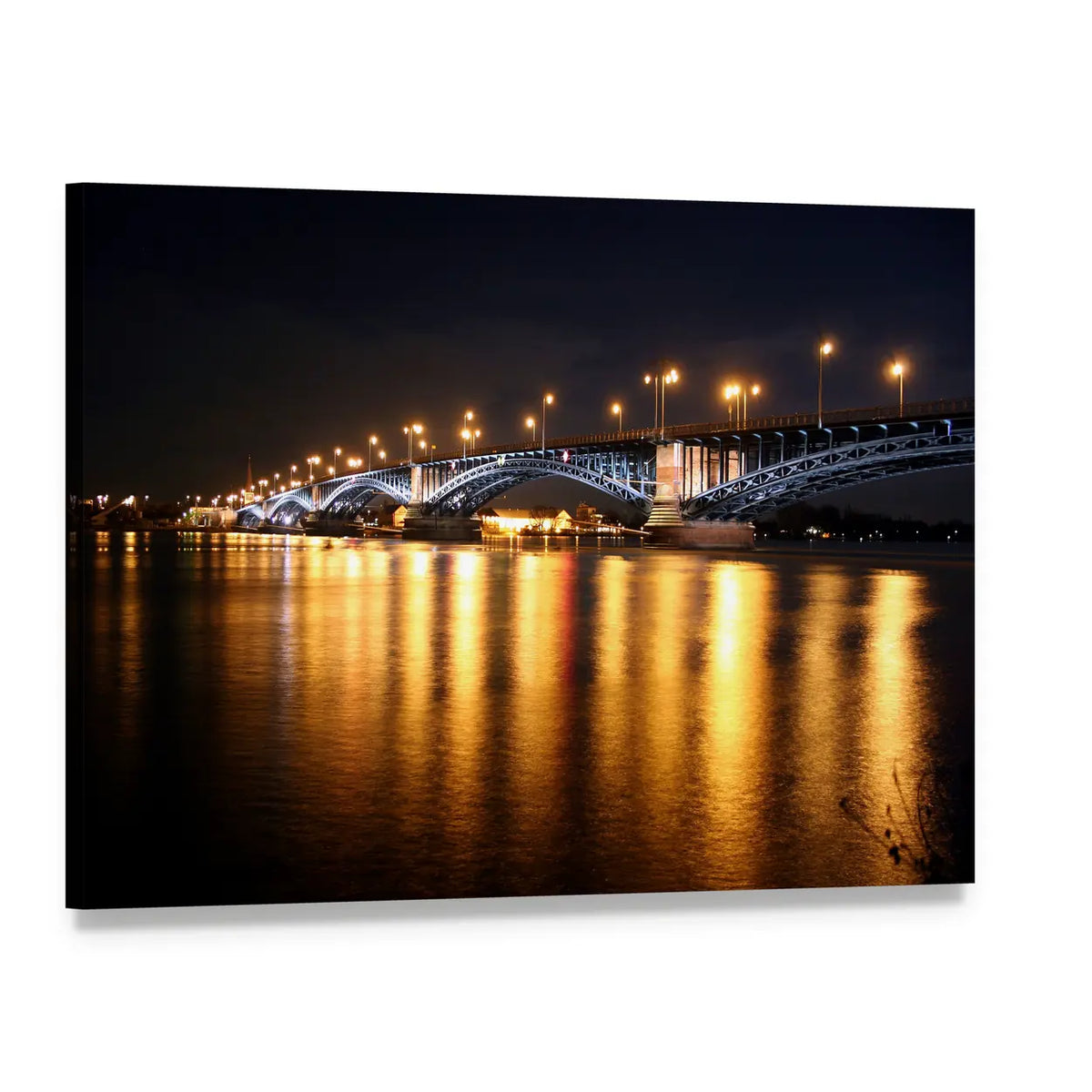 Rhine Bridge at Night Canvas Wall Art, single panel gallery wrapped canvas, angled product view