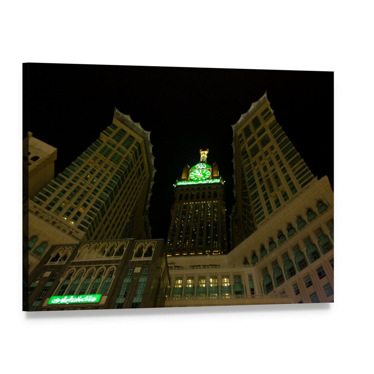 Mecca Clock Tower Illuminated at Night Canvas Wall Art, single panel gallery wrapped canvas, angled product view