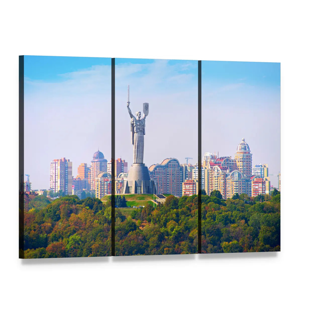 Motherland Statue in Ukraine Canvas Wall Art, 3 panel 3 Horizontal layout gallery wrapped canvas set, angled product view