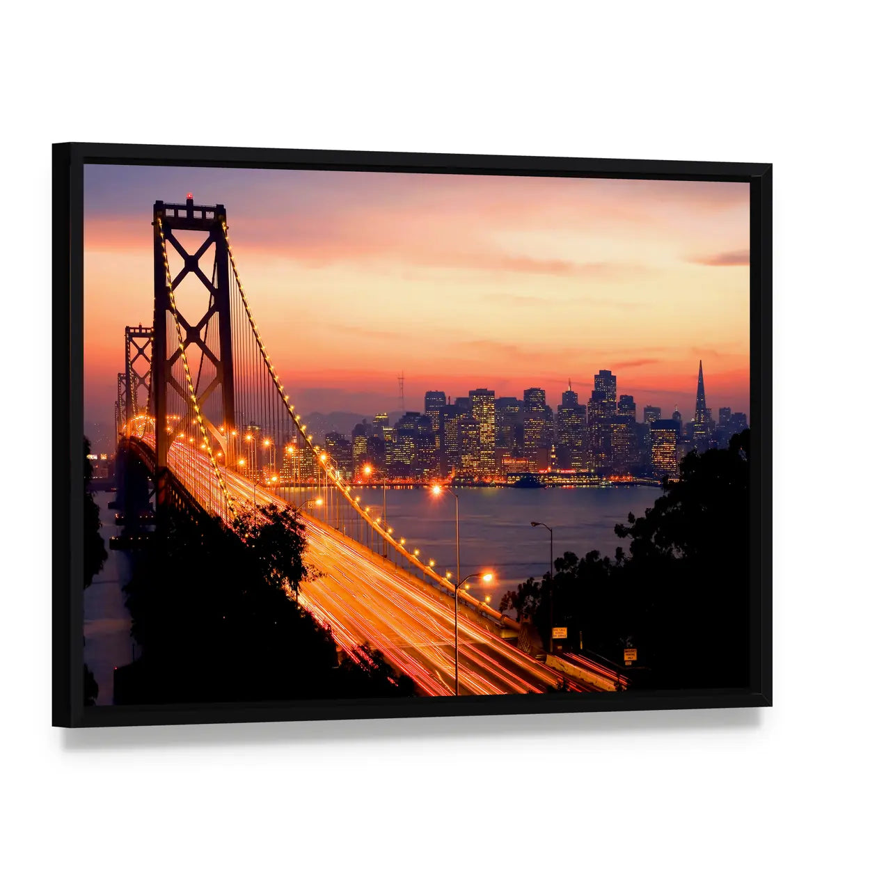 San Francisco Bay Bridge at Sunset Canvas Wall Art, framed canvas in a black floater frame, angled product view
