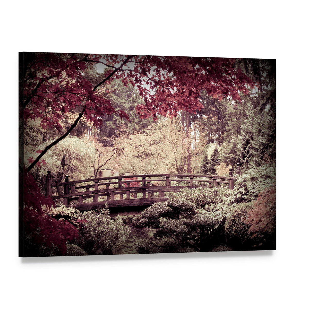 Arched Bridge in Japanese Garden Canvas Wall Art, single panel gallery wrapped canvas, angled product view
