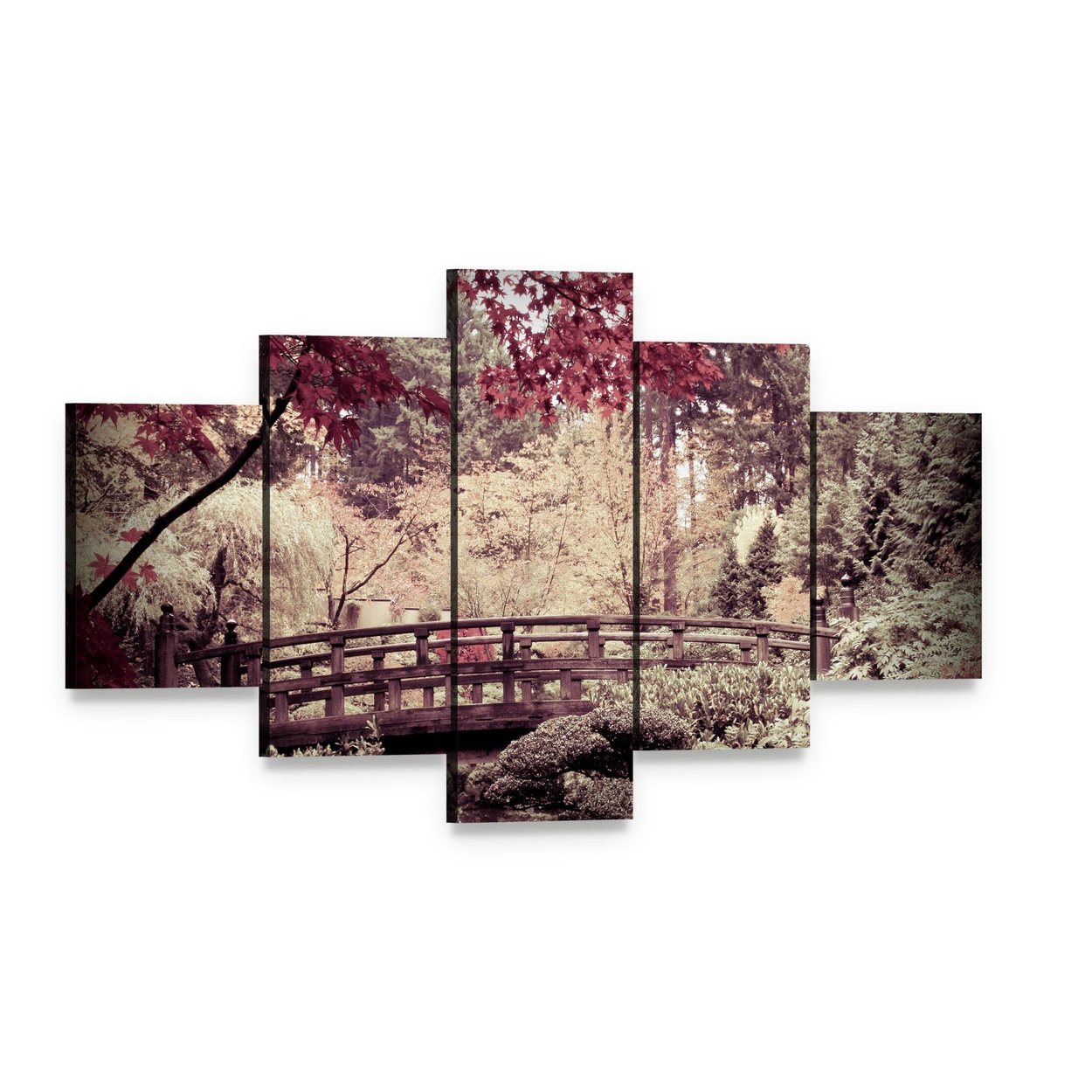 Arched Bridge in Japanese Garden Canvas Wall Art, 5 panel 5 Star layout gallery wrapped canvas set, angled product view