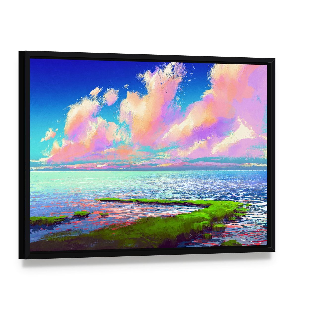 Sea Painting Canvas Wall Art, framed canvas in a black floater frame, angled product view