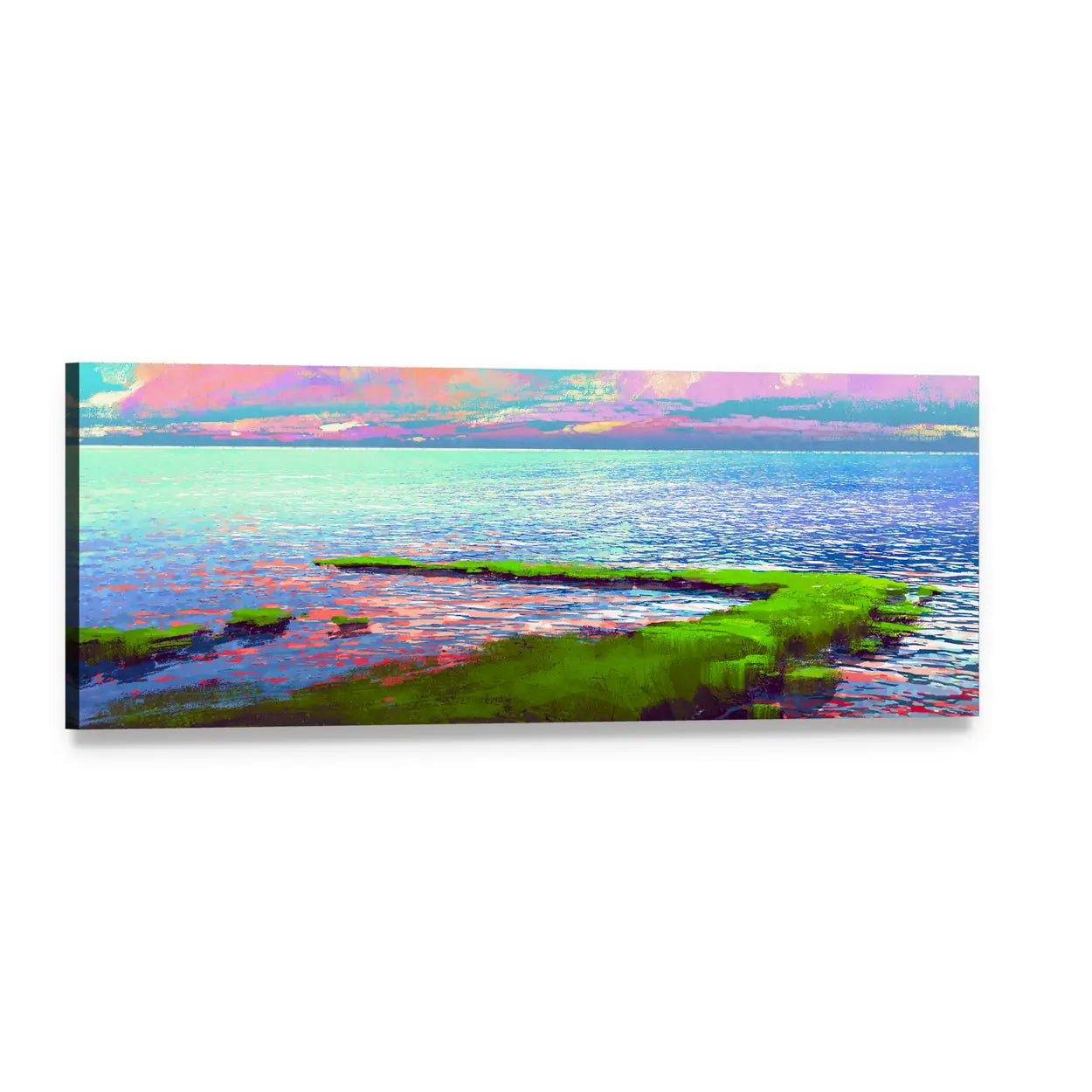 Mossy Coastline Seascape at Dawn Panoramic Canvas Wall Art, single panel gallery wrapped canvas, angled product view