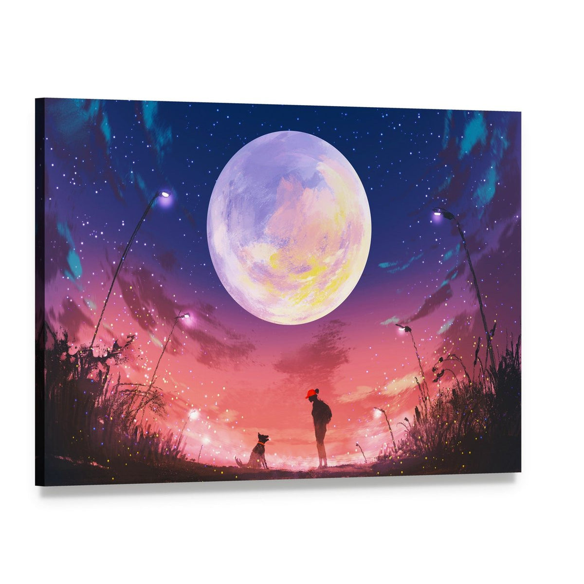 Woman and Dog Under Night Sky Canvas Wall Art, single panel gallery wrapped canvas, angled product view