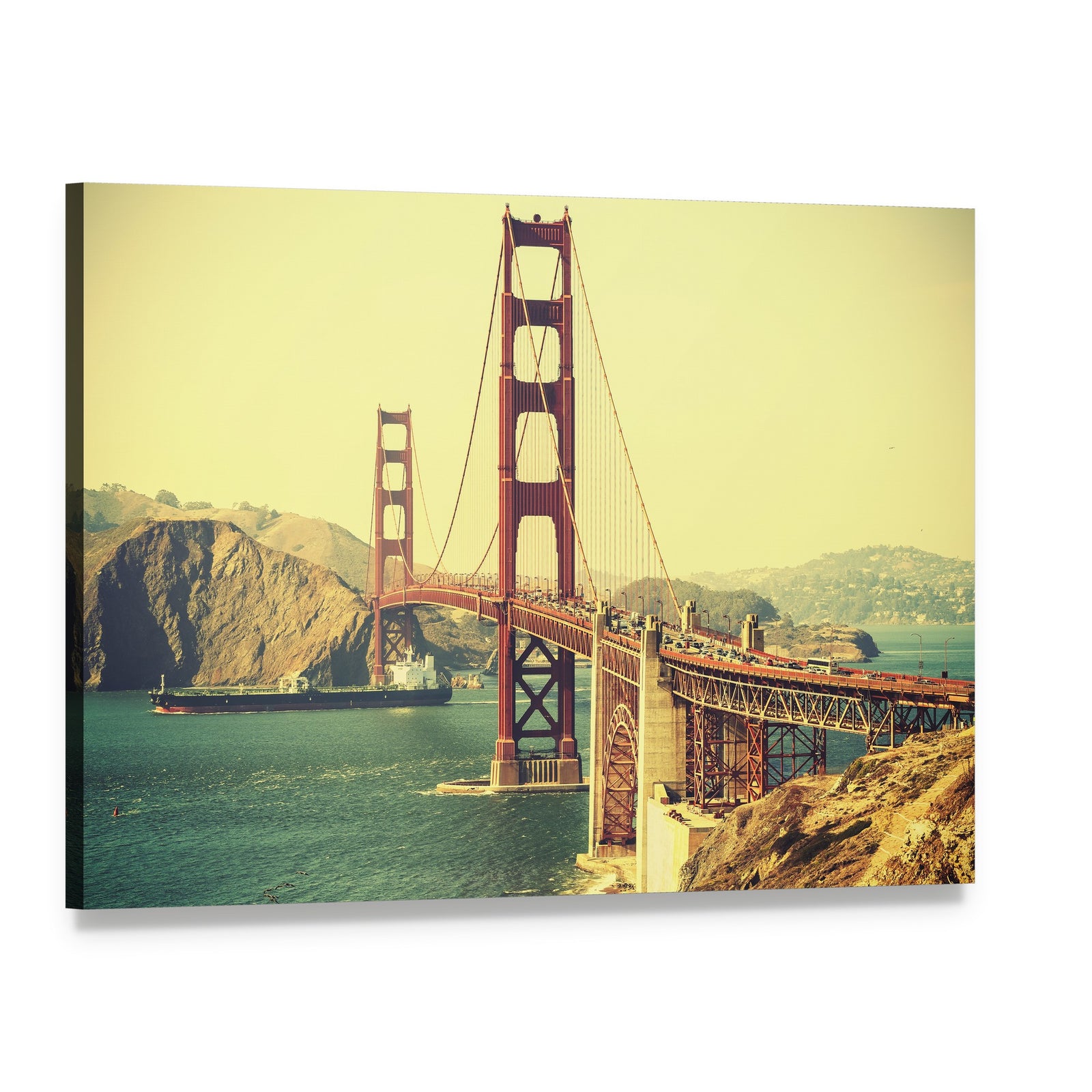 Retro Golden Gate Bridge Canvas Wall Art, single panel gallery wrapped canvas, angled product view