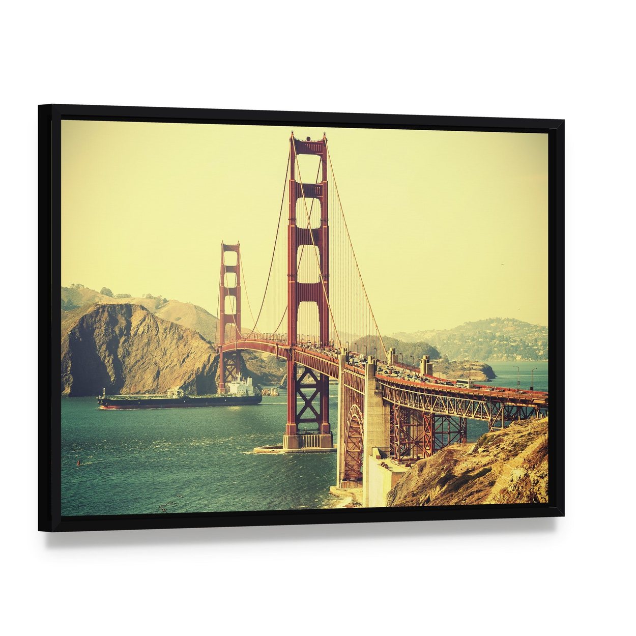 Retro Golden Gate Bridge Canvas Wall Art, framed canvas in a black floater frame, angled product view