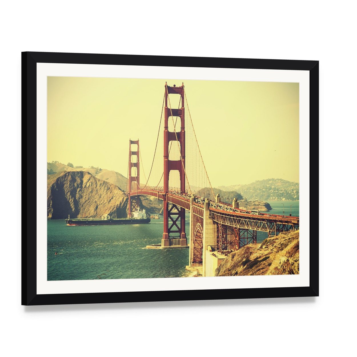Retro Golden Gate Bridge Canvas Wall Art, framed print with white mat and black frame, angled product view