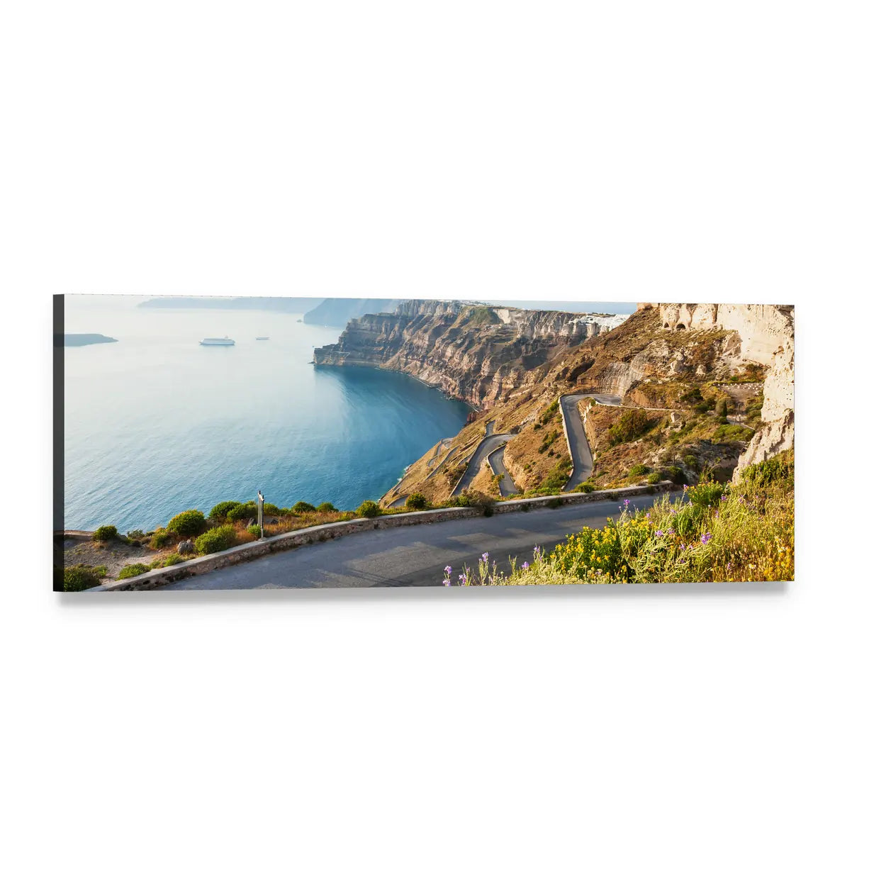Mountain Road to Santorini Panoramic Canvas Wall Art, single panel gallery wrapped canvas, angled product view