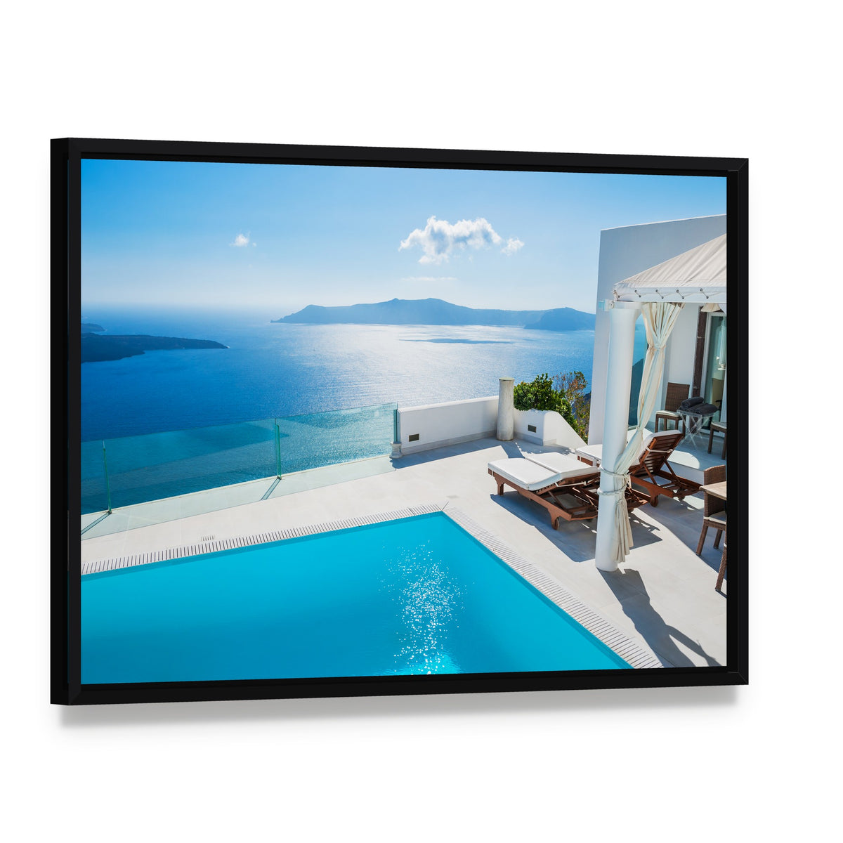 Luxury Hotel Pool Scene in Greece Canvas Wall Art, framed canvas in a black floater frame, angled product view