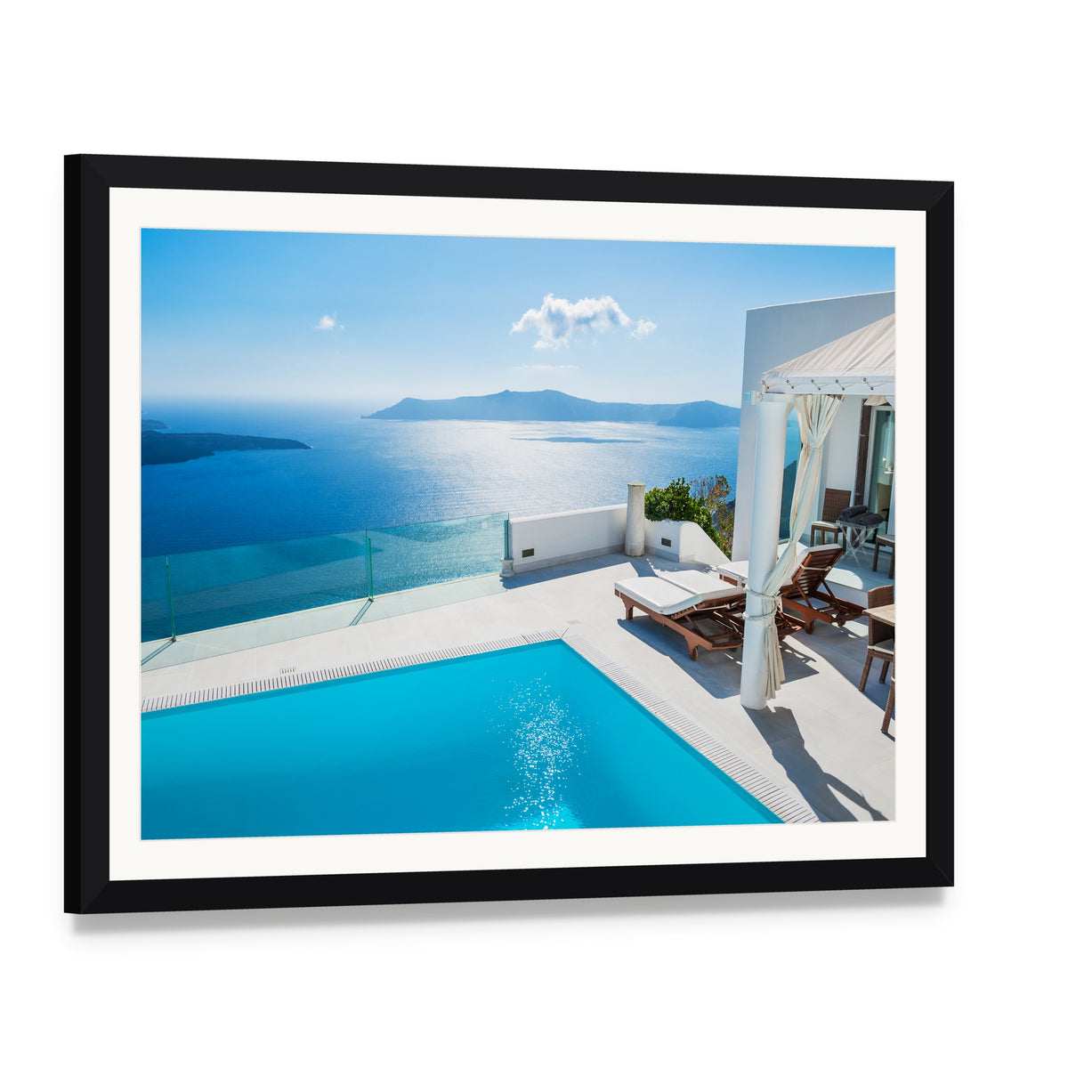Luxury Hotel Pool Scene in Greece Canvas Wall Art, framed print with white mat and black frame, angled product view