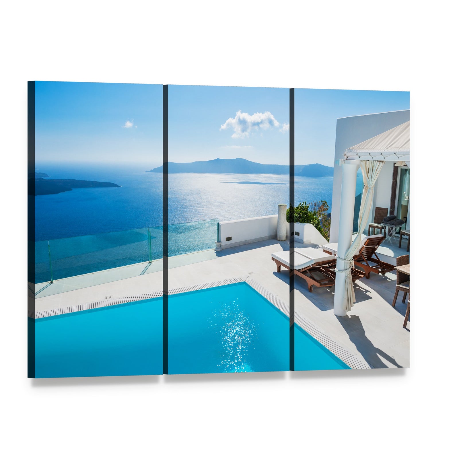 Luxury Hotel Pool Scene in Greece Canvas Wall Art, 3 panel 3 Horizontal layout gallery wrapped canvas set, angled product view