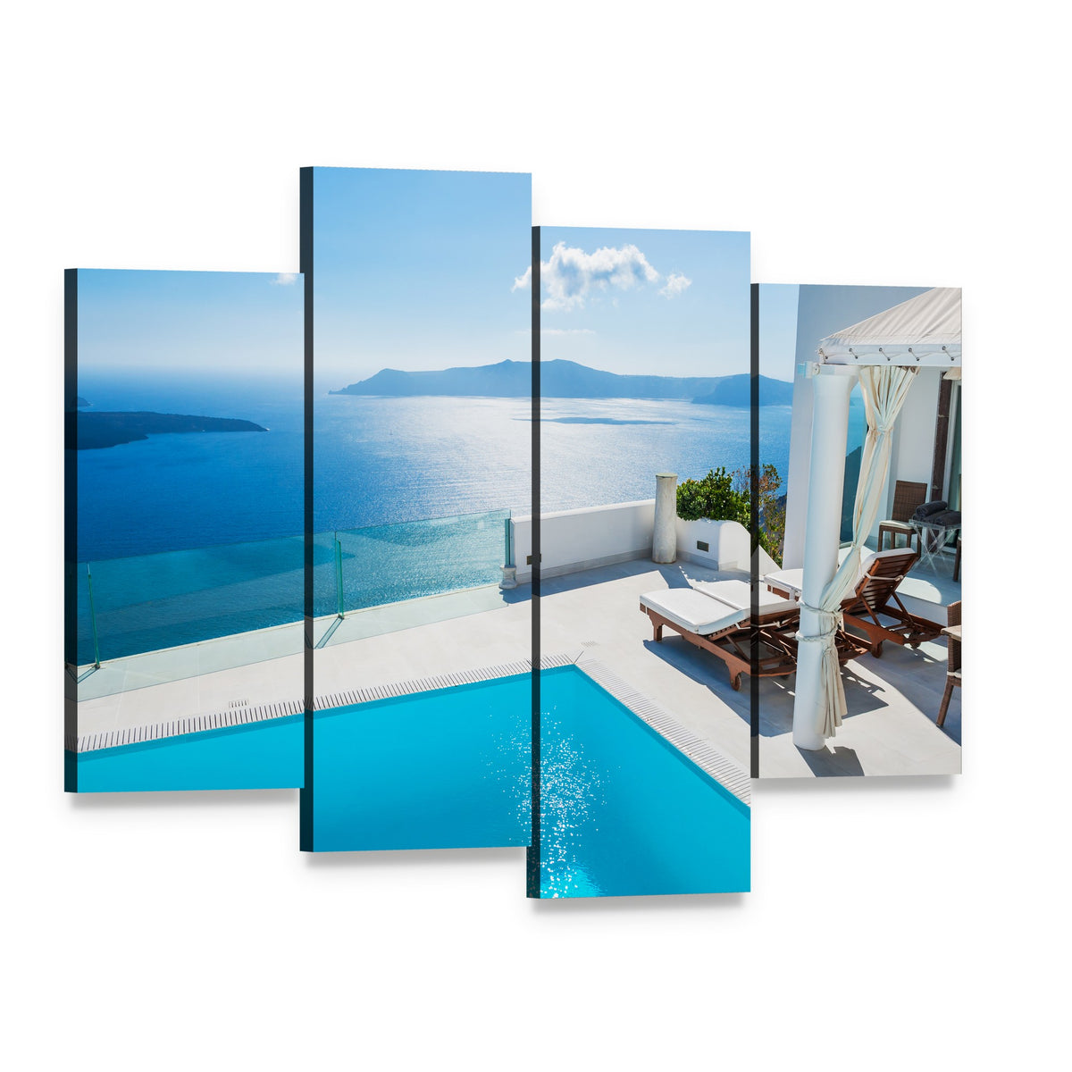 Luxury Hotel Pool Scene in Greece Canvas Wall Art, 4 panel 4 Pop layout gallery wrapped canvas set, angled product view