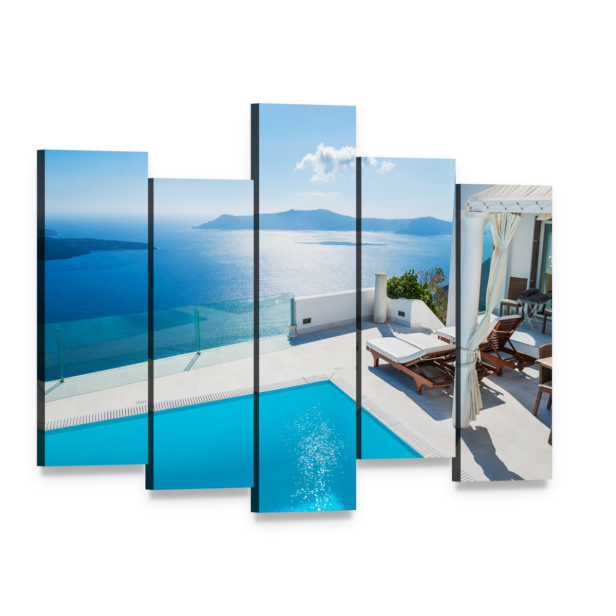 Luxury Hotel Pool Scene in Greece Canvas Wall Art, 5 panel 5 Pop layout gallery wrapped canvas set, angled product view
