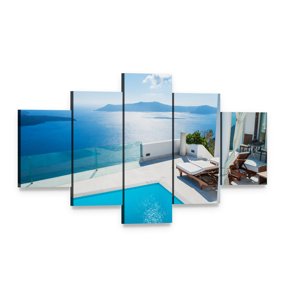 Luxury Hotel Pool Scene in Greece Canvas Wall Art, 5 panel 5 Star layout gallery wrapped canvas set, angled product view
