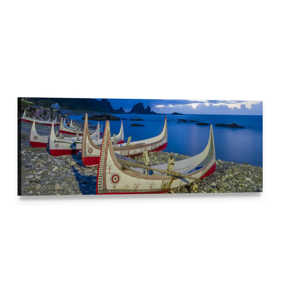 Orchid Island Canoes at Dusk Panoramic Canvas Wall Art, single panel gallery wrapped canvas, angled product view