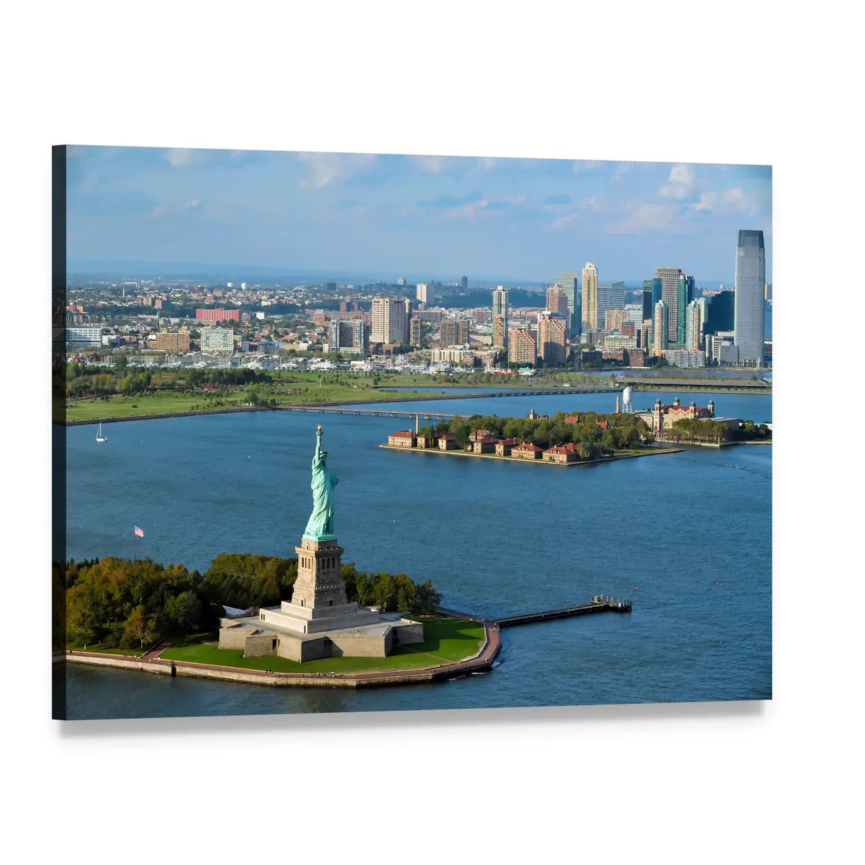Statue of Liberty and Manhattan Skyline Canvas Wall Art, single panel gallery wrapped canvas, angled product view