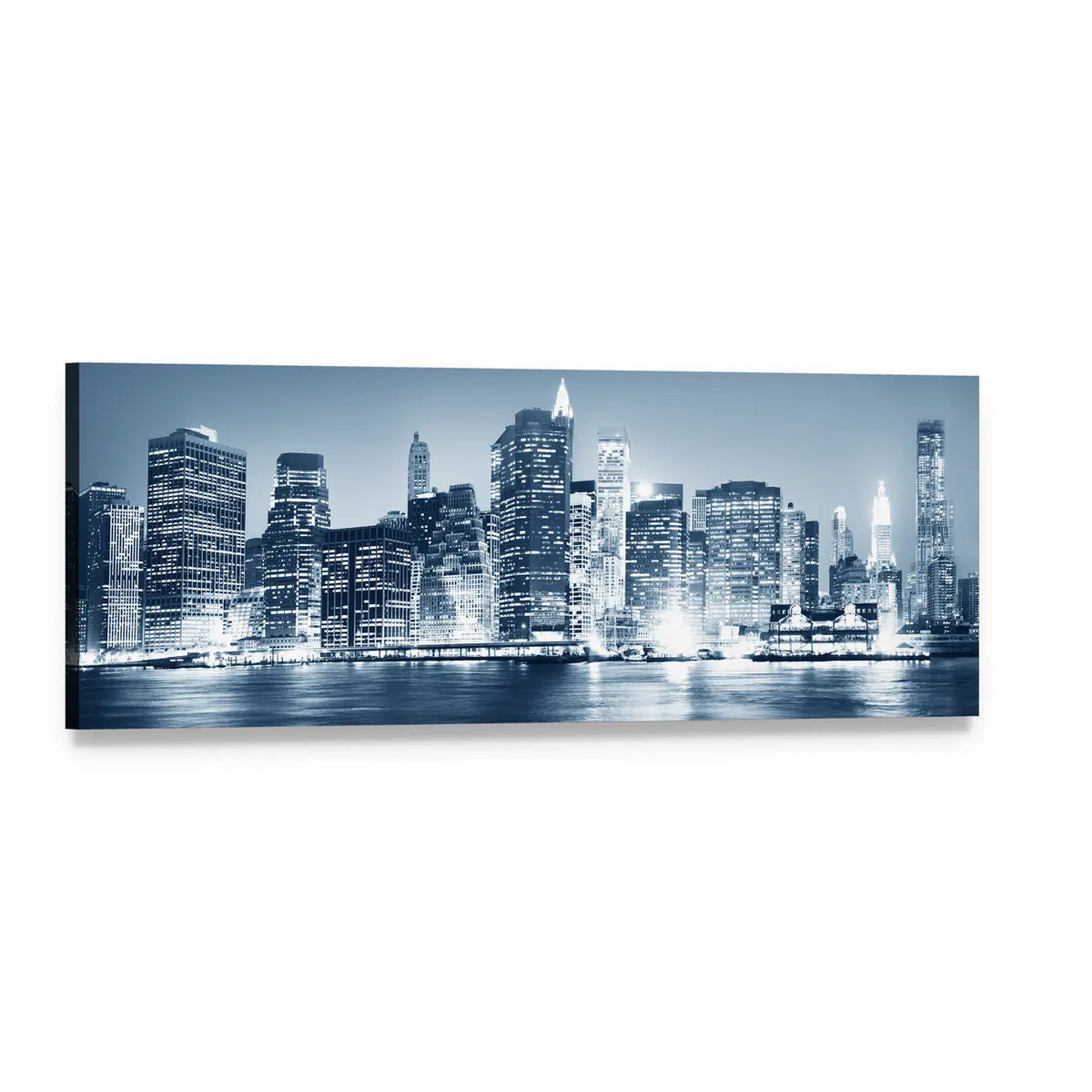 New York Night Skyline Panoramic Canvas Wall Art, single panel gallery wrapped canvas, angled product view
