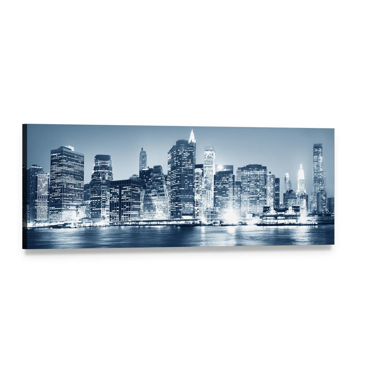 New York Night Skyline Panoramic Canvas Wall Art, single panel gallery wrapped canvas, angled product view