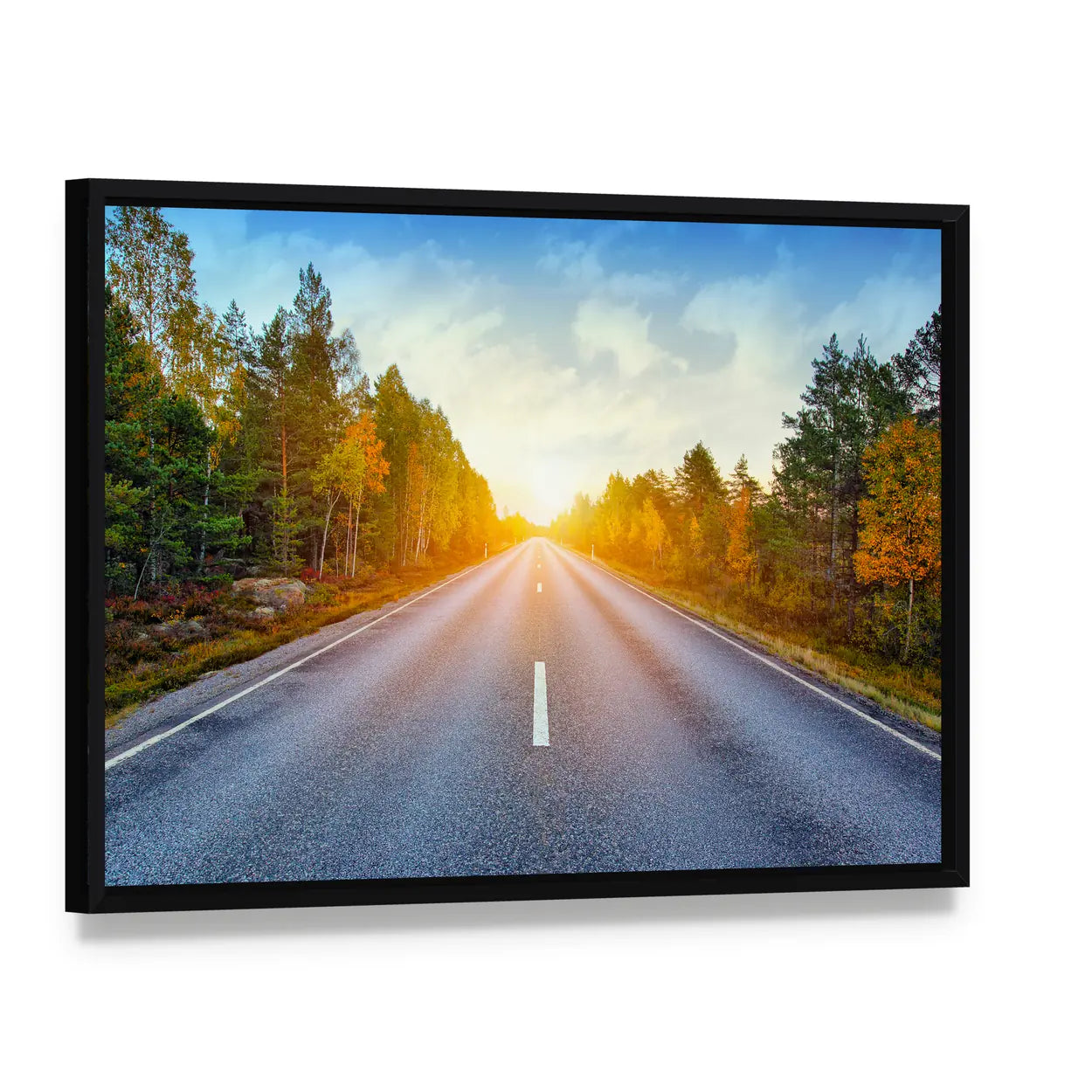 Scenic Road In Sweden Canvas Wall Art, framed canvas in a black floater frame, angled product view