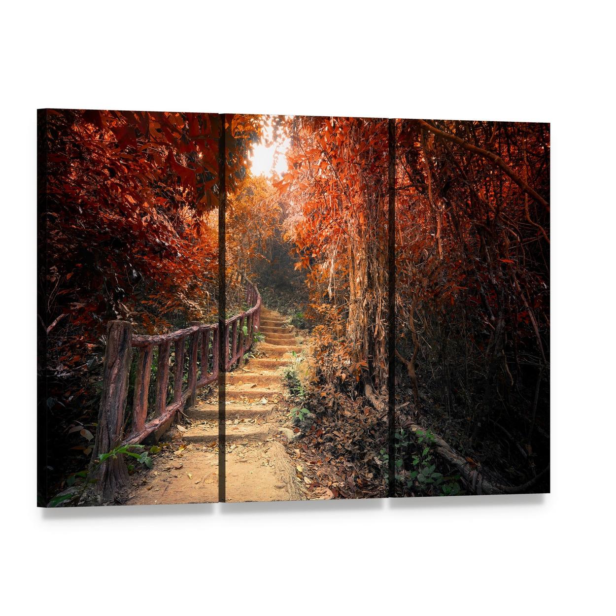 Autumn Forest Path with Sunlight Canvas Wall Art, 3 panel 3 Horizontal layout gallery wrapped canvas set, angled product view