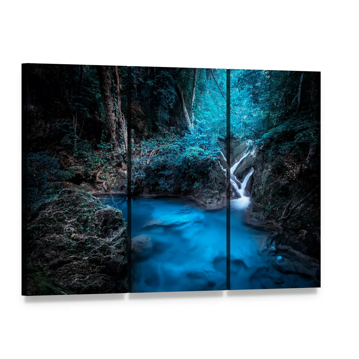 Deep Tropical Rainforest Waterfall Canvas Wall Art, 3 panel 3 Horizontal layout gallery wrapped canvas set, angled product view