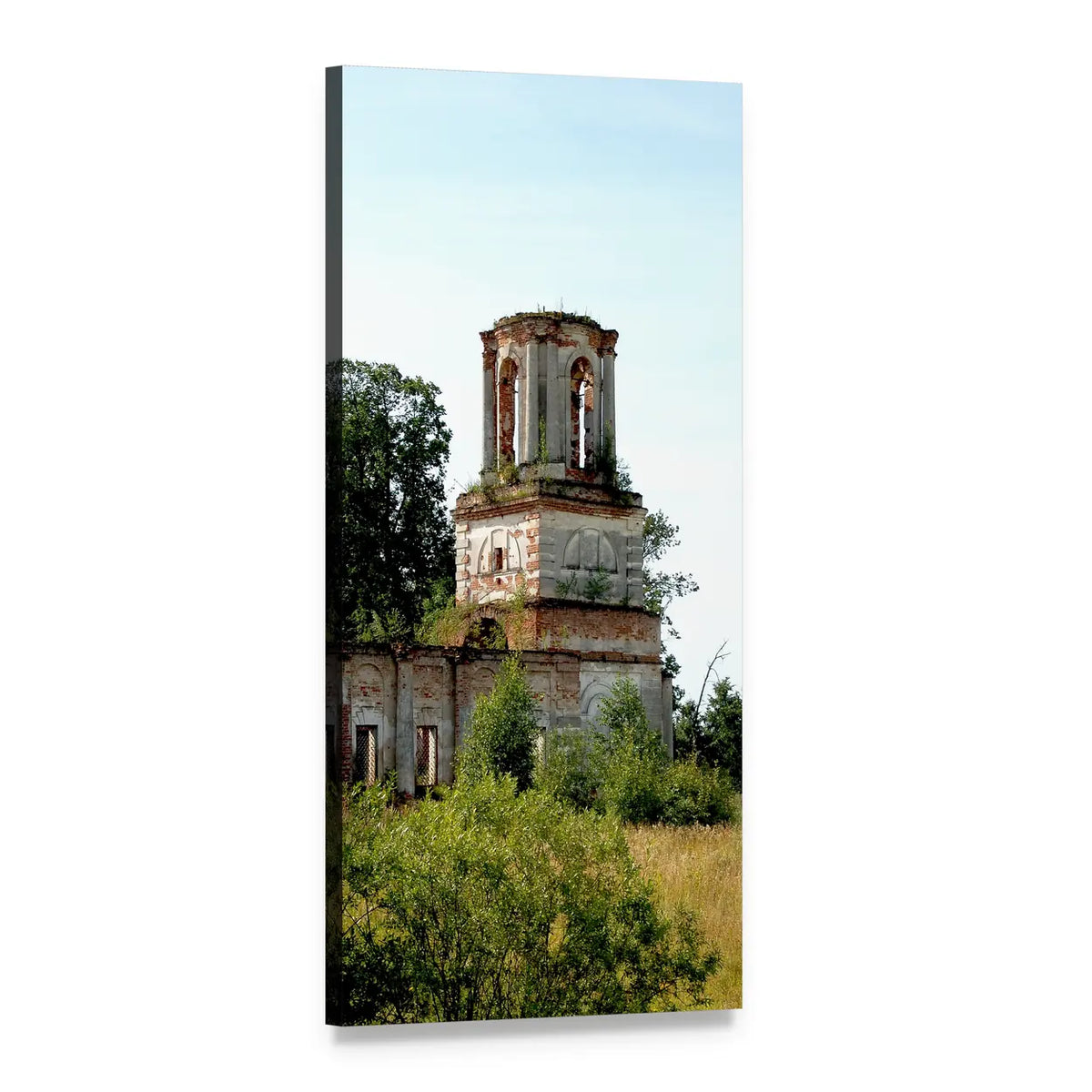 Crumbling Red Brick Church Tower Vertical Canvas Wall Art, 1 panel 1 Vertical layout gallery wrapped canvas set, angled product view