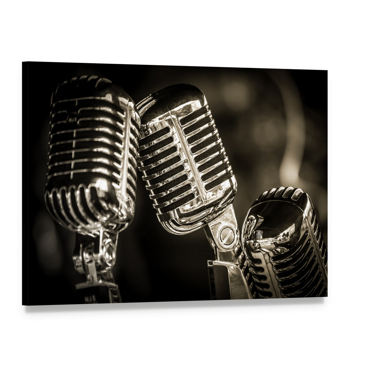 Three Vintage Studio Microphones Canvas Wall Art, single panel gallery wrapped canvas, angled product view