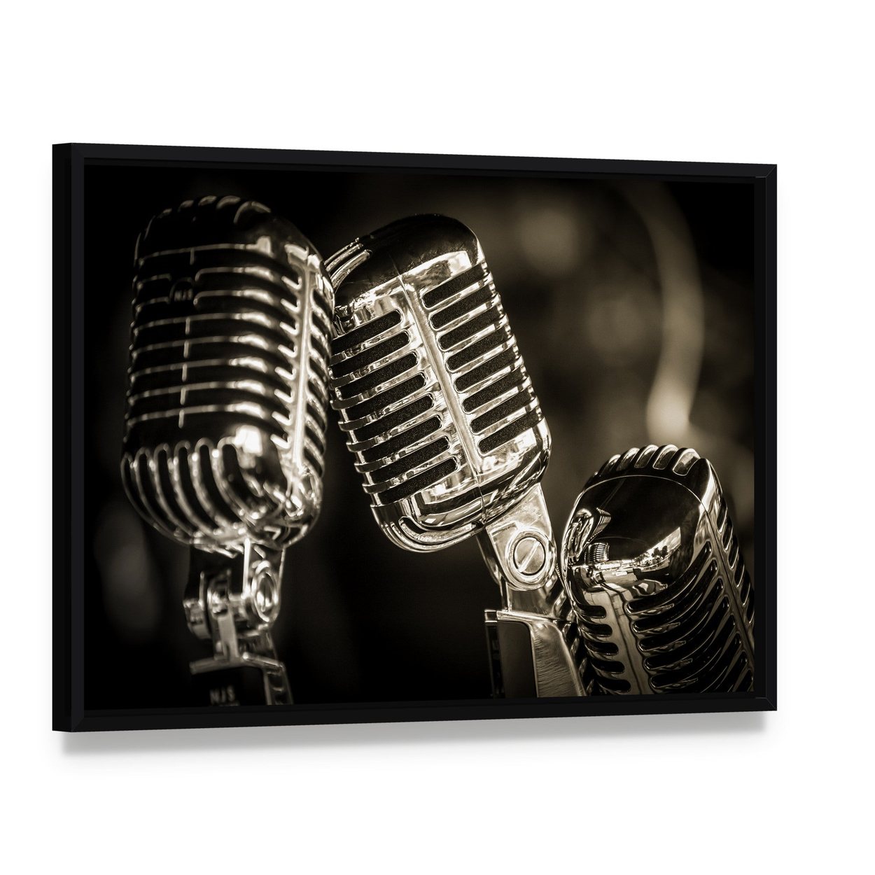 Three Vintage Studio Microphones Canvas Wall Art, framed canvas in a black floater frame, angled product view